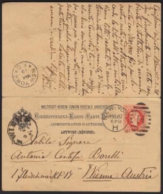 Poststück - Österr. - 5 Kr. Ganzsachenkarte im Muster der Ausg. 1867 mit anhängender Antwortkarte nach New York bzw. Wien, - Známky a pohlednice