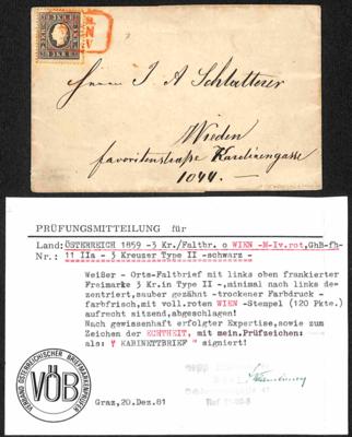 Poststück - Österr. Ausg. 1858 - Nr. 11IIa schwarz mit roter Entwertung von WIEN auf kompl. Faltbriefhülle nach Wieden, - Známky a pohlednice