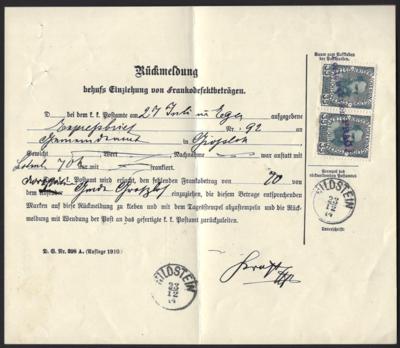 Poststück - Österr. Ausg. 1908 - "Rückmeldung behufs Einziehung von Frankodefektbeträgen", - Známky a pohlednice