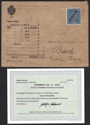 Poststück - Österr. I. Rep. - Nr. 243B(2 Kronen in Lz 11 1/2) auf gesiegeltem Wertbrief von INNSBRUCK nach BACH/Tirol, - Briefmarken und Ansichtskarten