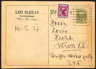 Poststück - Österreich Autographen Leo Slezak - eigenhändig geschriebene Karte mit Unterschrift, - Briefmarken und Ansichtskarten