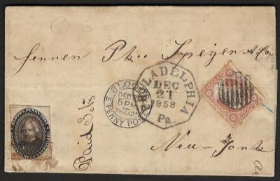 Poststück - USA 1858 selt. Mischfrankatur mit "Blood's Penny Post" attraktiver Poststück, - Briefmarken und Ansichtskarten