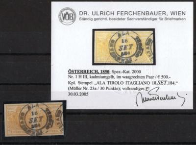 .Briefstück - Österr. Nr. 1HIII kadmiumgelb im waagr. Paar mit kompl. Briefstück "ALA TIROLO ITAGLIANO 18. SET.184.", - Briefmarken und Ansichtskarten