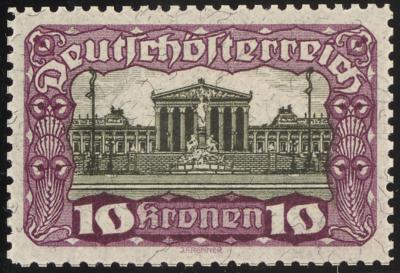 (*) - Österr. 1919 - 10 Kronen Parlament Farbprobe in Violett/Schwarz Linienzhg. 12 1/2 (ANK. Nr. 290 P), - Briefmarken und Ansichtskarten