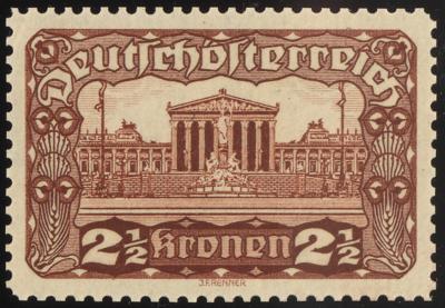 (*) - Österr. 1919 - 2 1/2 Kronen Parlament Farbprobe in Gelbbraun in Linienzhg. 12 1/2 (ANK. Nr. 285 P), - Známky a pohlednice