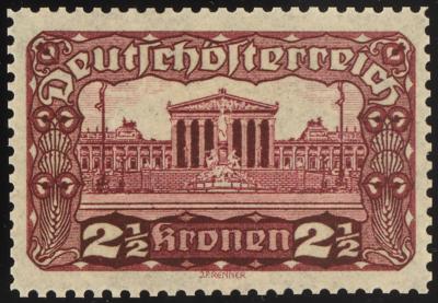 (*) - Österr. 1919 - 2 1/2 Kronen Parlament Farbprobe in Lilakarmin Linienzhg. 12 1/2 (ANK. Nr. 285 P), - Briefmarken und Ansichtskarten