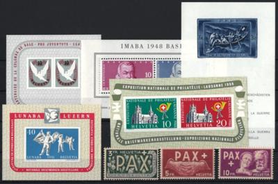 ** - Sammlung Schweiz ca. 1945/1963 u.a. mit PAX - Serie, - Briefmarken und Ansichtskarten