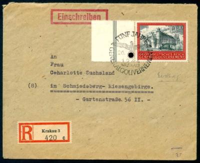 Poststück - Gen. Gouv. 1944 - Nr. 125 (10 + 10 Zloty) li. Randstück - Briefmarken und Ansichtskarten