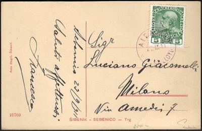 Poststück - Österr. 1911 - Postkarte frank. mit 5 Heller seltener Stpl. "ALBANIEN/OESTER. LLOYD" (violett), - Francobolli e cartoline