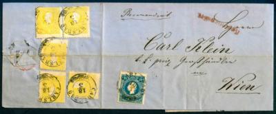 Poststück - Österr. Nr. 15 II vorderseitig + 5 x 10 II rückseitig auf Faltbriefhülle von Carlsbad nach Wien, - Briefmarken und Ansichtskarten