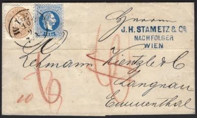 Poststück - Österr. Nr. 34 + 38 I auf Faltbriefhülle von Wien nach Langenau in die Schweiz, - Briefmarken und Ansichtskarten