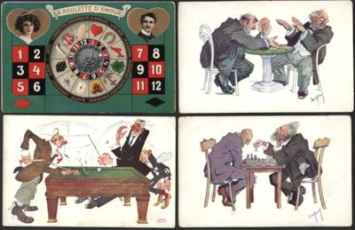 Poststück - Partie AK Spiel und Sport u.a. mit Billard - Schach - Kartenspiel, - Briefmarken und Ansichtskarten