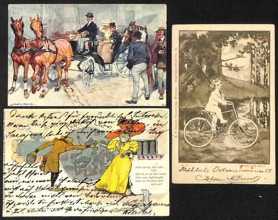 Poststück - Partie Motivkarten u.a. mit Kutschen - Fahrrad etc., - Briefmarken und Ansichtskarten