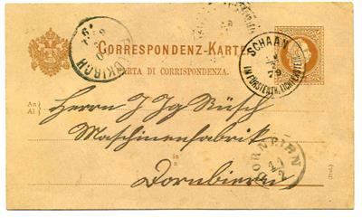 Poststück - Liechtenstein - Vorläufer Ganzsachen-Karte zu 2 Kr. Ausg. 1876 von Schaan nach Dornbirn aus 1879, - Známky