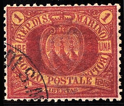 gestempelt - San Marino Nr. 20 (1 Lire karmin auf gelb), - Briefmarken