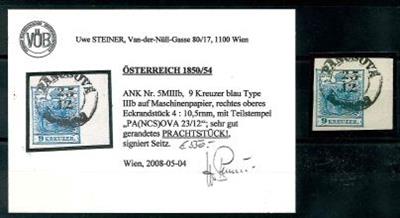 gestempelt - Österr. Nr. 5 M IIIb rechtes oberes Eckrandstück 4 : 10,5 mm - Stamps