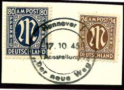 Briefstück - Bizone - Nr. 27B + 34A mit Sonderstempelentwertung von Hannover vom 17.10. 1945 auf Briefstück, - Briefmarken