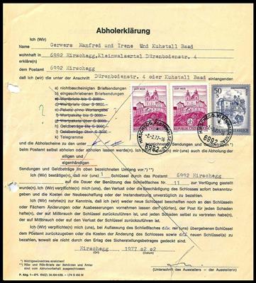 Österr. 1977 - Abholerklärung aus Hirschegg (Kleinwalsertal) mit amtl. Aktenlochung/gute Durchschnittsqual., - Známky