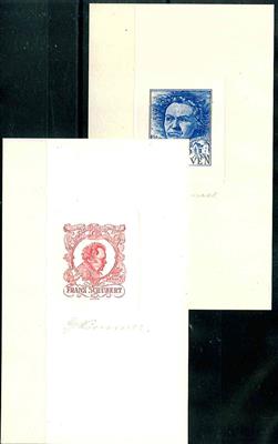 4 gedruckte Privatentwürfe für Briefmarken mit Motiven Mozart, - Briefmarken