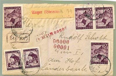 Österr. 1947 Reko- ExpressBrief von ANGER (STEIERM.) nach Wien mit 4 + 50 Gr. und 2x 10 Gr. Bunte Landschaft, - Stamps