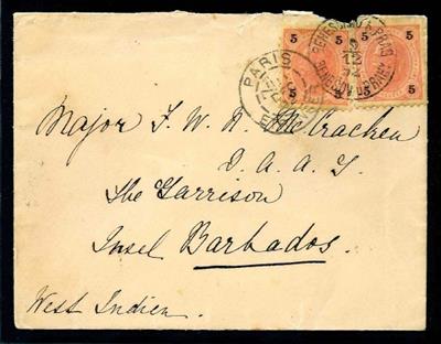 Österr. Monarchie - Brief mit 2 x 5 Kreuzer von Beneschau über Paris nach BARBADOS aus Dez. 1892, - Známky