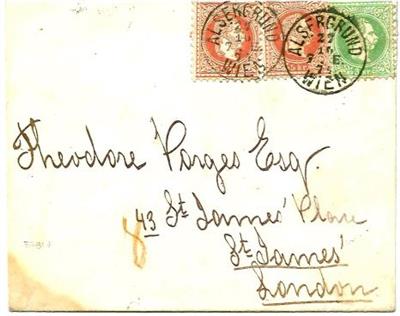 Österr. Nr. 36 I + 37 I (2) als 13 kr-Gebühr auf Briefhülle von Wien nach London, - Stamps