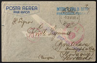 Ital. Flugpostkuvert aus 1941 aus dem Internierungslager RODI nach Bratislava, - Briefmarken