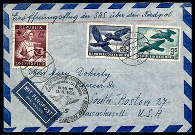 Österr. - 3S Flug 1950/53 mit Zufrankatur auf SAS Eröffnungsflug - Beleg via Nordpol in die USA und 3 div. Belege, - Briefmarken