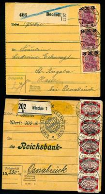 Partie Deutschland 1922 - 17 Paketkarten mit interessanten Frankaturen (Germania/Bayern/ Massen-Frankaturen, - Briefmarken