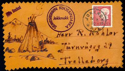 Schweden Poststück - ca.1969 LederAnsichtskarte mit handgezeichnetem Zeltmotiv aus Jokkmokk, - Stamps