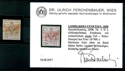 gestempelt - Lombardei Nr. 4HI tiefdunkelbraun - Erstdruck - mit rotem Teil - Reko - Stempel - Známky