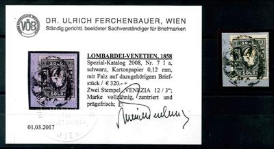 Österr Lombardei 1858 gestempelt - 3 Soldi schwarz Type Ia Kartonpapier 0,12 mm auf dazugeh. Briefstück, - Briefmarken