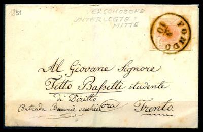 Poststück - Österr. Nr. 3M mit unterlegter Mitte auf Faltbrief aus 1851 nach Trien, - Stamps