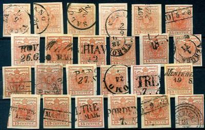 gestempelt - Lombardei 15 Centes. rot Partie auf 2 Steckkarten mit div. Farben, - Stamps