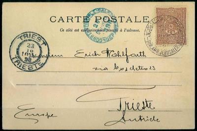 Judaika 1898 "BUR. AMB. JERUSALEM- JAFFA" seltener Bahnpoststempel auf Ansichtskarte nach Triest, - Briefmarken