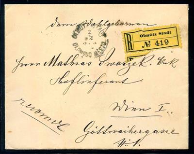 Österr. Monarchie - rekommandierter Hofbrief des Secretariats von Erzherzog Eugen von Olmütz nach Wien, - Briefmarken