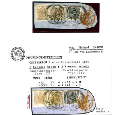 Briefstück - Österr. Nr. 4 M (2) + Nr.2 M als 14 kr.- FrankreichFrankatur, - Briefmarken und Ansichtskarten