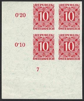 (*) - Österr. Porto Nr. 237 UNGEZÄHNT auf Andruck (Einlauf-) Papier im linken unteren Eckrandviererblock, - Stamps