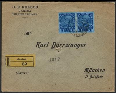 Österr. Post in der Levante Nr. 57 in Paar auf Einschreibebrief von JANINA nach MÜNCHEN, - Stamps