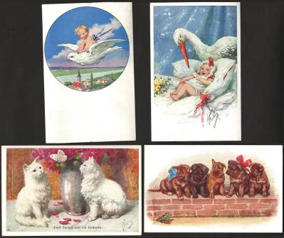 Poststück - Künstler Feiertag bzw. Grosmann: Partie Katzen/Hunde - Motivkarten sowie Babys meist mit Storch, - Stamps and postcards