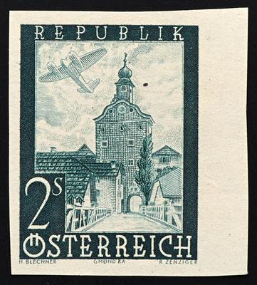 ** - Österr. Nr. 824 U (ANK Nr. 822 U) (Flug 2,- S dkl. blaugrün) ungezähntes Randstück, - Známky