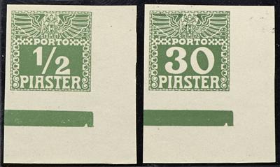 (+) - Österr. Post in der Levante Porto Nr. 7 U yb und 14 U yb beide ungezähnte Vorlage - Eckrandstücke mit Balken, - Briefmarken