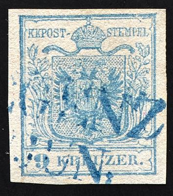 gestempelt - Österr. Nr. 5 H I (weitester waagr. Abstand 1,2 mm) Seidenpapier 0,07 mit Blaustpl. aus BREGENZ, - Stamps