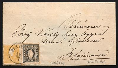 Poststück - Österr. Nr. 10 II + 11 II tiefschwarz auf kl. ungar. Briefhülle, - Briefmarken