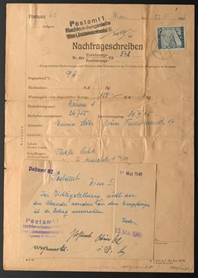 Poststück - Österreich 1946 selt. Nachfrageschreiben mit 40G Landschaft frankiert ab dem Postamt Wien 62 + 2 Beilagen, - Známky