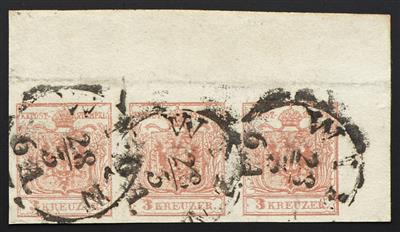 .Briefstück - Österr. Nr. 3 M III b im waagrechten Dreierstreifen von der rechten oberen Bogenecke - Briefmarken