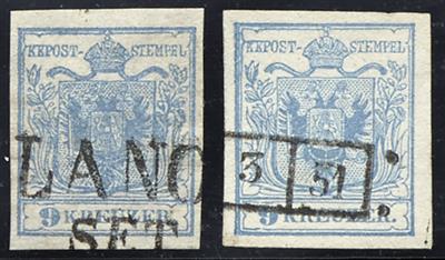.Briefstück - Österr. Nr. 5 H I hellblau (2 Stück), beide vollrandige Prachtstücke jeweils mit Lombardei-Venetien - Briefmarken