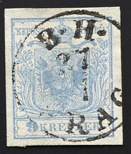 .Briefstück - Österr. Nr. 5 H I/P 182 (bekannteste "Hohe 9") mit Teilstempelabschlag "B. H. PRAG 27/7", - Francobolli