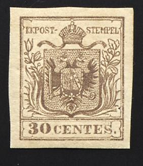 * - Lombardei-Venetien Fälschungen zum Schaden der Post Veroneser Postfälschungen Nr. 4 PFä (30 Centesimi braun), - Stamps