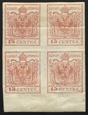 * - Lombardei-Venetien Nr. 3 M III im RAND-VIERERBLOCK (unten 9,3 mm Rand), - Stamps